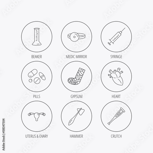 Syringe, beaker and pills icons. Medical signs.