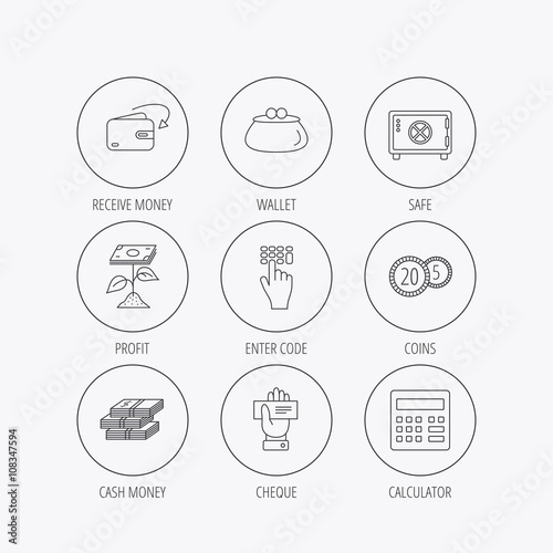 Cash money, safe box and calculator icons.