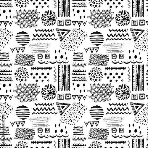 Abstract black and white seamless pattern with hand drawn ethnic motifs