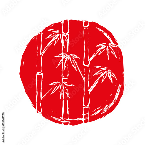 Bamboo trees white silhouettes on the red circle or stain of paint. Drawing icon or logo. Drawn bamboo and rising sun. Japanese style. Hand-drawn with ink.