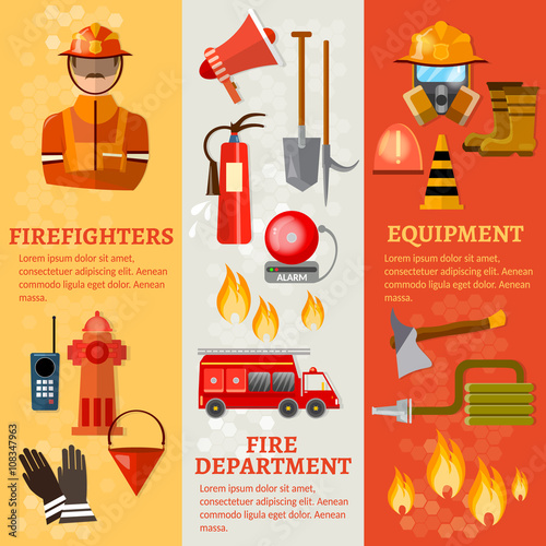 Professional firefighters banners fire safety equipment fireman