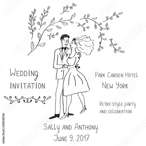 Wedding invitation design, handdrawn style - with bride and groo