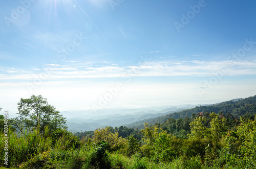 landscape view of mountains and sea of mist in the winter season
