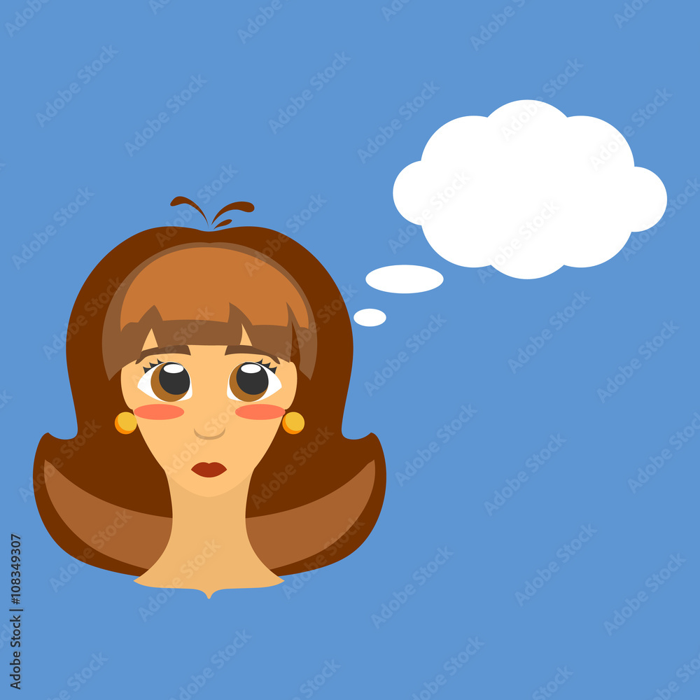 Frontal head of cute surprised, confused, embarrassed young brunette girl with brown eyes and makeup and thinking bubble. The expression of thought, embarrassment, surprise, interest, confusion Frontal head of cute surprised, confused, embarrassed young brunette girl with brown eyes and makeup and thinking bubble. The expression of thought, embarrassment, surprise, interest, confusion