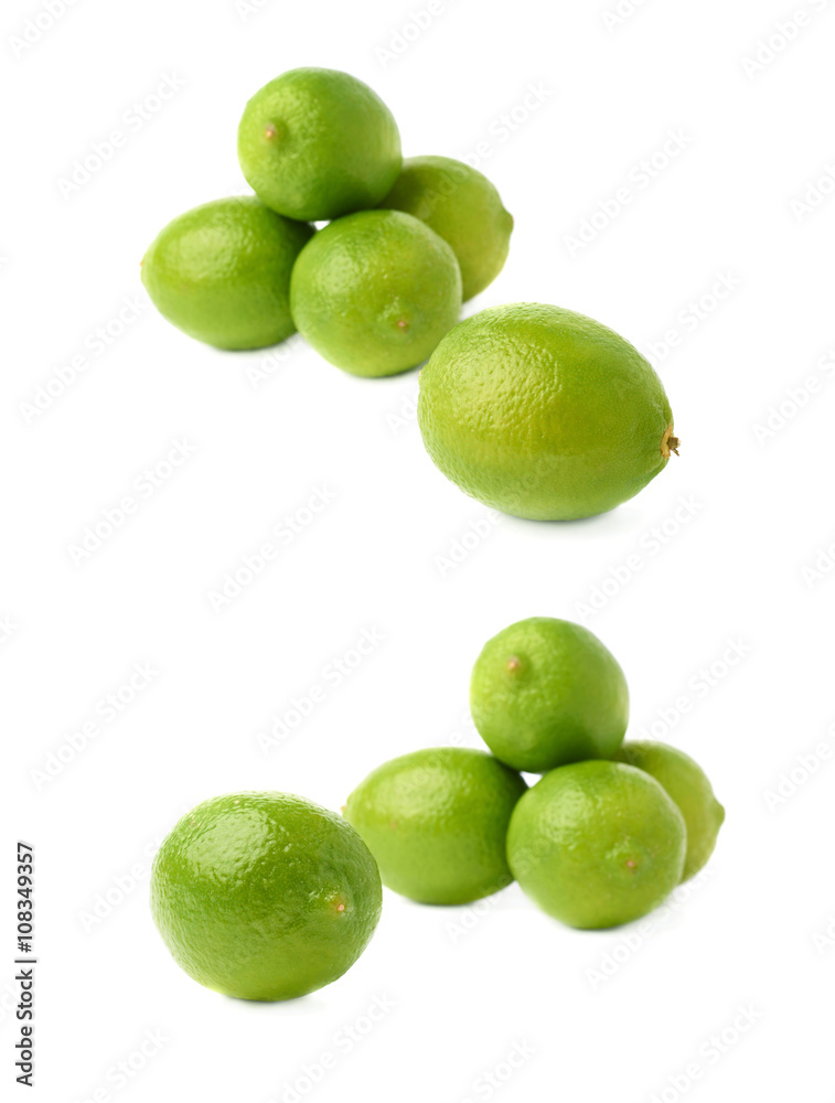 Pile of multiple ripe limes, composition isolated over the white background, set of two different foreshortenings Pile of multiple ripe limes, composition isolated over the white background, set of two different foreshortenings
