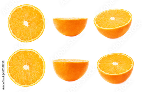 Ripe orange cut in half isolated over the white background, set of different foreshortenings