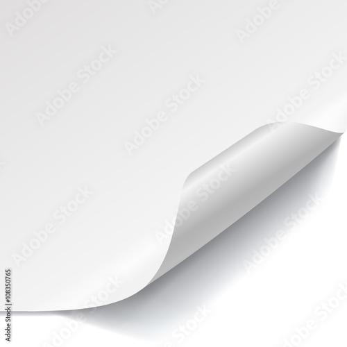 White sheet of paper with curved corner and with shadow on white