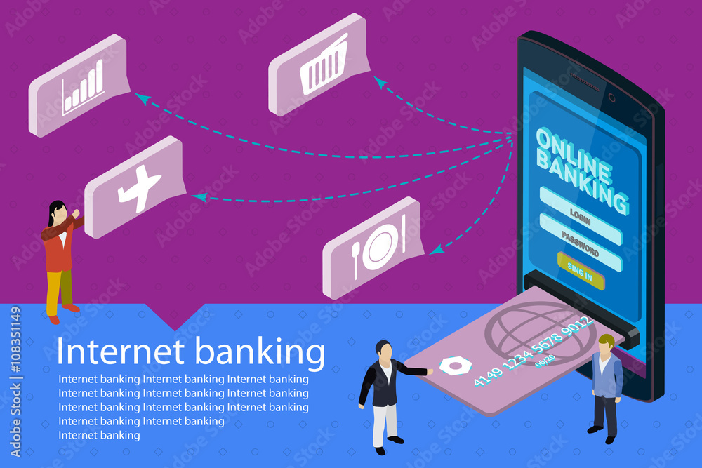 Flat 3d isometric mobile online payment concept web infographics. Internet banking vector banner. Modern mobile smartphone with credit card. Flat 3d isometric mobile online payment concept web infographics. Internet banking vector banner. Modern mobile smartphone with credit card.