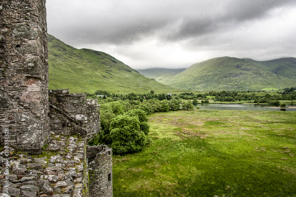 Scotland: View from Kilchurn Castle on a foggy day