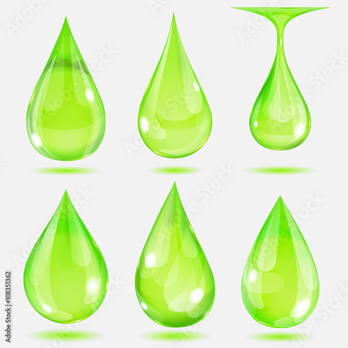 Set of transparent drops in green colors. Transparency only in v