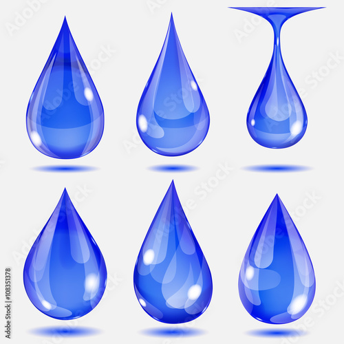 Set of transparent drops in blue colors. Transparency only in ve