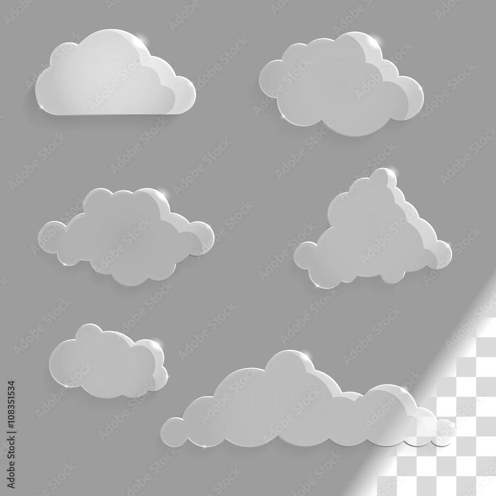 Set of glass clouds icons with shadow. Vector illustration for web.