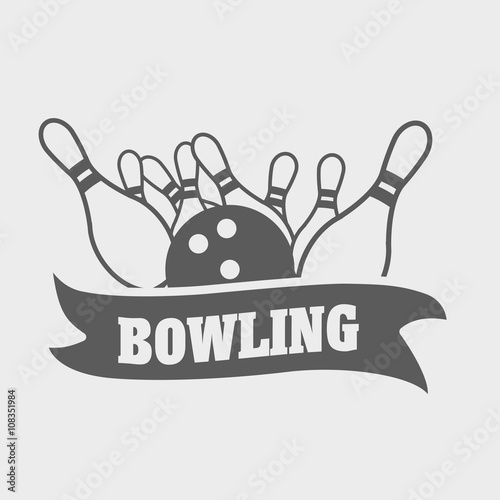 bowling logo, symbol or badge template with ball knocks down pins.