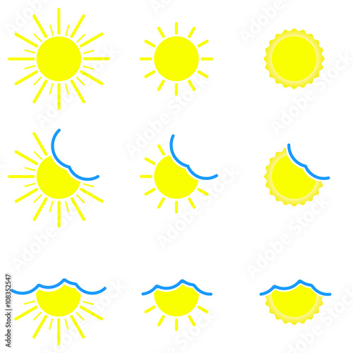 Set of sun icon, sun shape. Set of different suns. Collection of sun icon, shape, label, symbol for weather or climate project. Graphic element vector. Vector design element for logo, web and print.