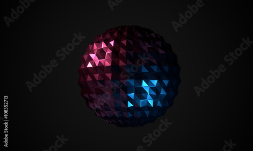 Dark background with abstract glossy shape as low poly ball.