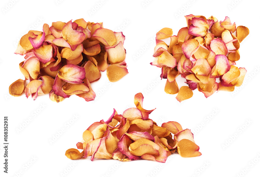 Pile of pink rose petals as a romantic composition over white background Pile of pink rose petals as a romantic composition over white background