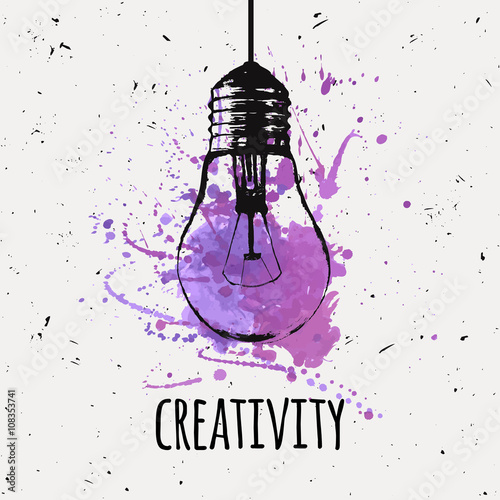 Vector illustration with hanging grunge light bulb with watercolor splash. Modern hipster sketch style. Idea and creativity concept.