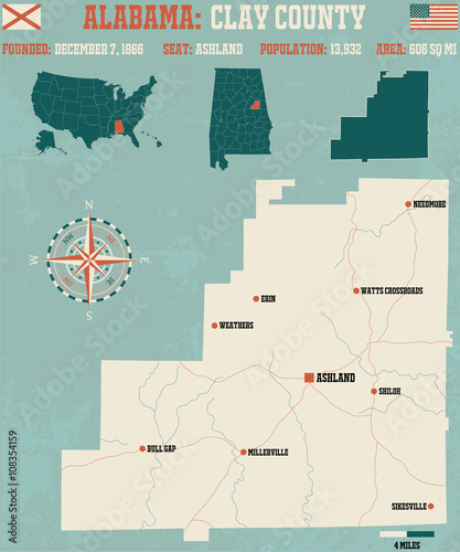 Large and detailed map and infos about Clay County in Alabama.