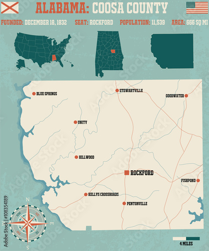 Large and detailed map and infos about Coosa County in Alabama.