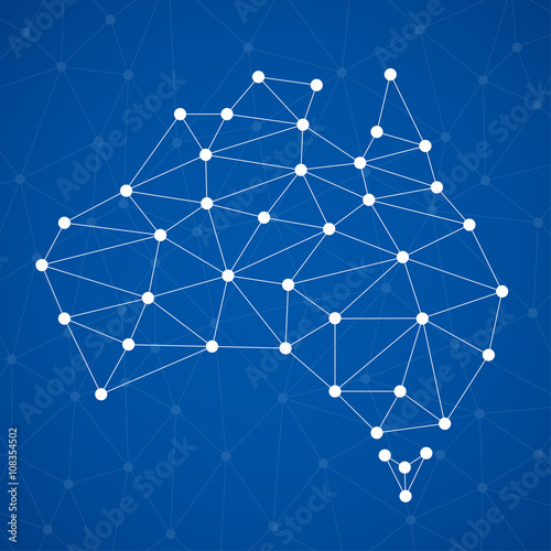 Abstract polygonal Australia map with dots and lines, network connections, vector illustration