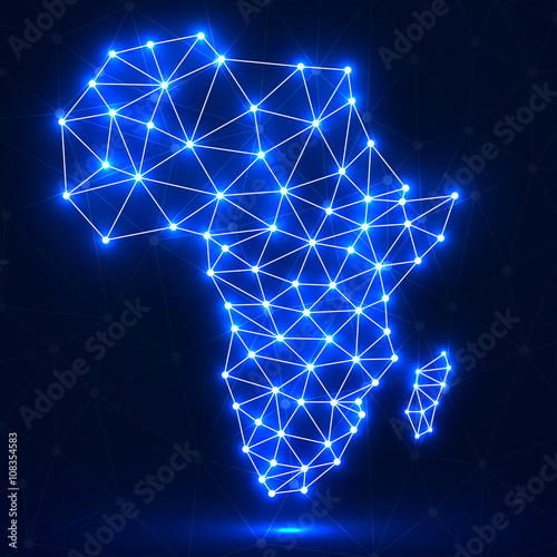 Abstract polygonal Africa map with glowing dots and lines, network connections, vector illustration, eps 10