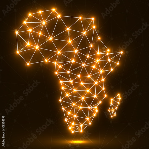 Abstract polygonal Africa map with glowing dots and lines, network connections, vector illustration, eps 10