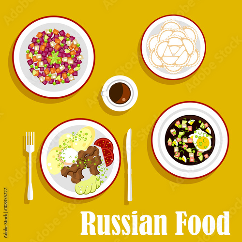 Tasty dinner of russian cuisine flat icon