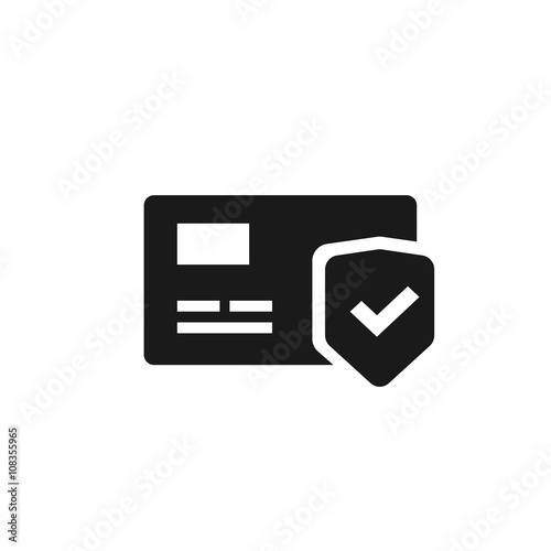 Credit card protection icon, secure payment sign, credit card with shield and green check mark flat black and white pictogram design isolated on white background