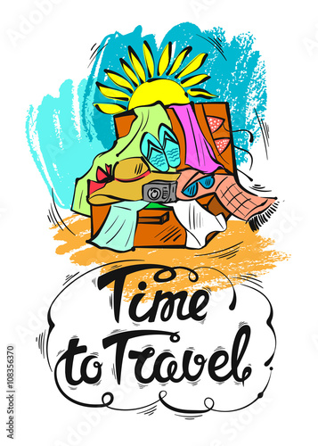 The time to travel. The inscription the lettering. Hand-drawn vector illustration © gamarina62