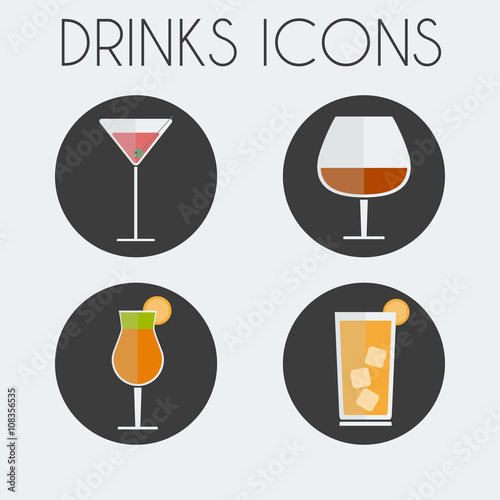Drinks Cocktail Glasses Round icon Set. Martini Glass, Brandy Glass, Hurricane Cocktail Glass with Orange Slice and Highball Drink with ice Cubes. Digital background vector illustration.