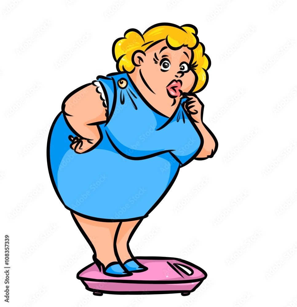 Fat woman weighed scales wonder cartoon illustration Stock Illustration |  Adobe Stock
