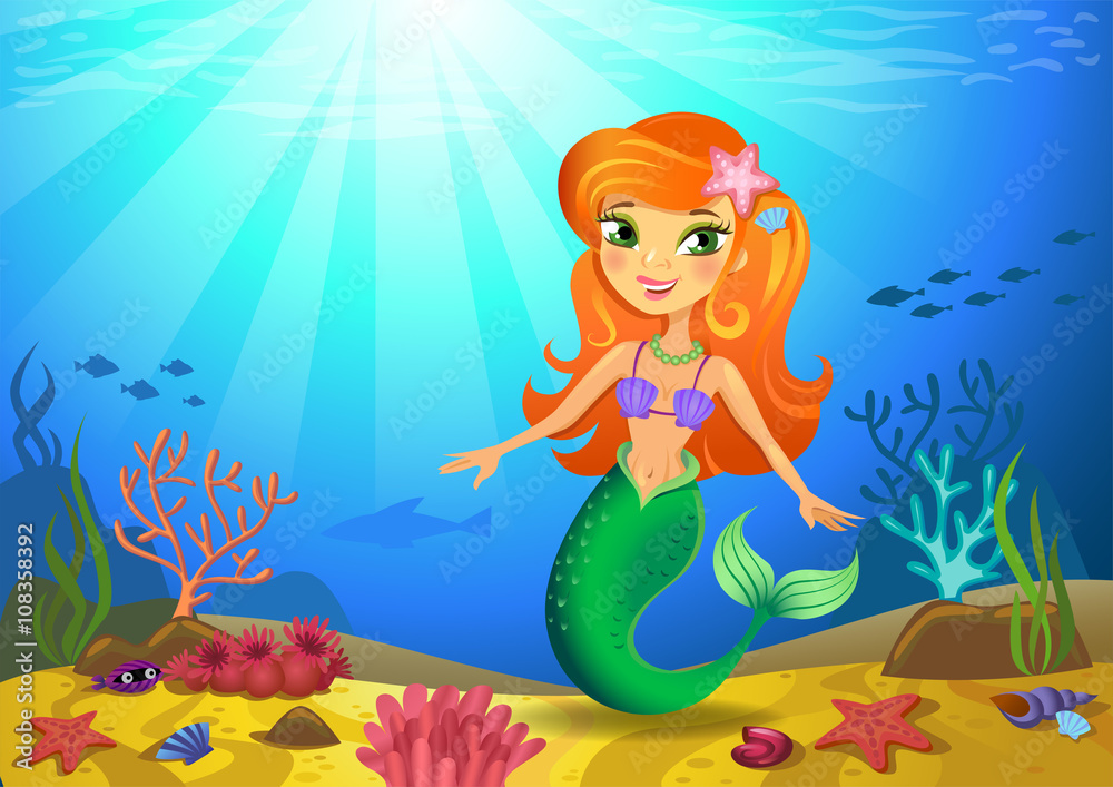 Seabed with mermaid and corals