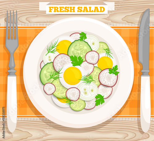 Vector illustration of a fresh salad with egg, radish, cucumber,  onion, parsley, dill.  Salad top view.