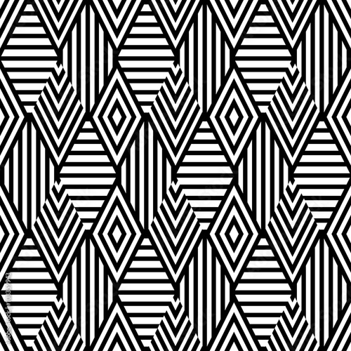 Vector seamless pattern with black and white striped rhombus. Abstract universal background. Trendy design for fashion textile print, wrapping paper, web background, package.