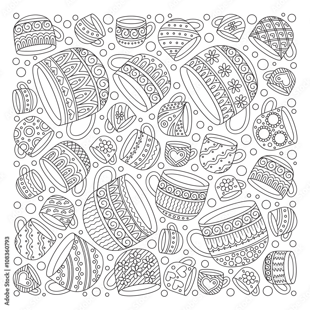 Pattern for coloring book with cups .