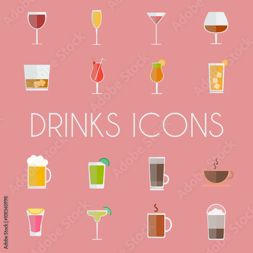 Drinks Cocktail Glasses Round icon Set. Alcoholic and Non Alcoholic Drinks Bar Menu Icons. Wine, Champagne, Whiskey, Tea and Coffee. Digital background colorful vector illustration.