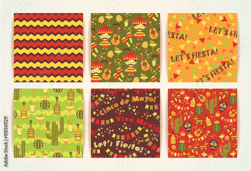 Set of vector seamless patterns with traditional Mexican symbols