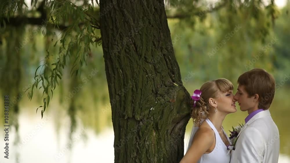 Happy newlyweds on nature