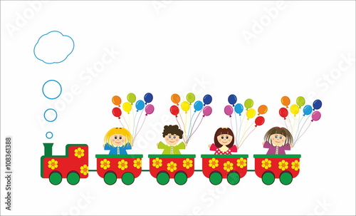 children in train with colorful rainbow baloons