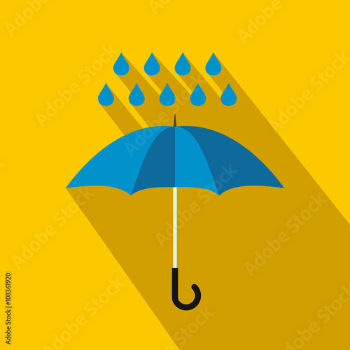 Blue umbrella and rain drops icon, flat style