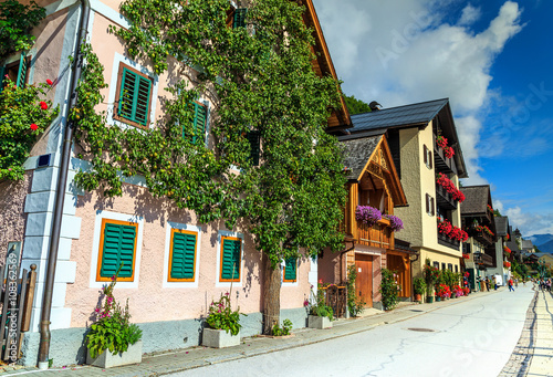 Traditional alpine village street with colorful flowers,Austria,Europe