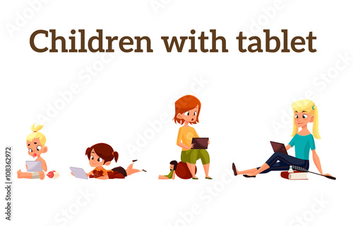Children girls of different ages played in tablet and did not play in street, vector cartoon concept of todays children, the children sit and chat on the Internet, four girls looking at smartphone