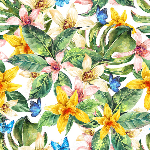 Natural leaves watercolor seamless pattern, flower orchid © depiano