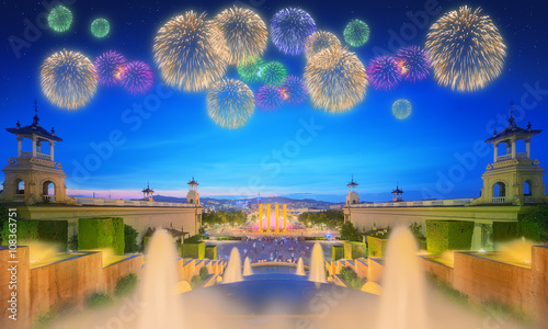Photography Beautiful fireworks under Fountain, Barcelona
