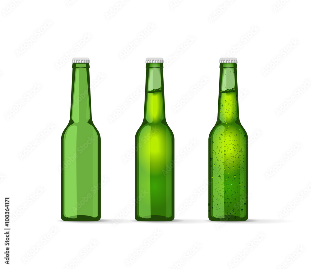 Green beer bottles set, full and empty bottle with cap and bubbles, cold bottle of mineral water, drops, soda, lemonade fresh modern realistic vector illustration design isolated on white background Green beer bottles set, full and empty bottle with cap and bubbles, cold bottle of mineral water, drops, soda, lemonade fresh modern realistic vector illustration design isolated on white background