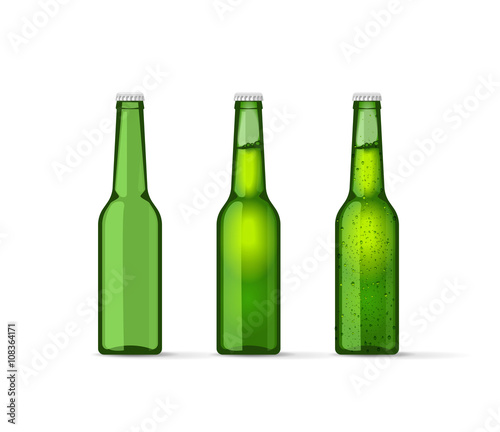 Green beer bottles set, full and empty bottle with cap and bubbles, cold bottle of mineral water, drops, soda, lemonade fresh modern realistic vector illustration design isolated on white background