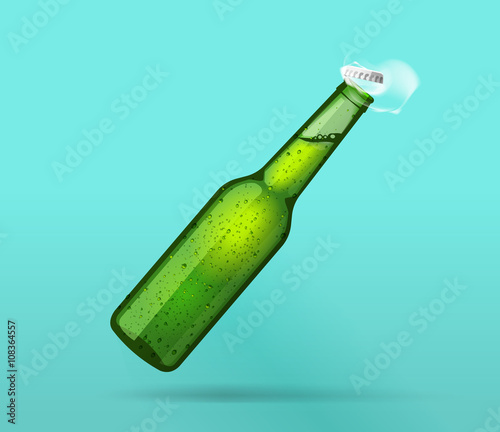 Beer bottle opening lemonade fizzy vector foam soda blank cold, poster wet larger ale mockup, bubbles, steam smoke, mineral water effect drops, fresh realistic 3d vector illustration design