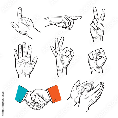  set of hands. Icons of different characters. Pointing finger. Clapping, applause, Stop and ok. Touching anything. Finger touch monitor. Finger points to something. Fist as a symbol of strength