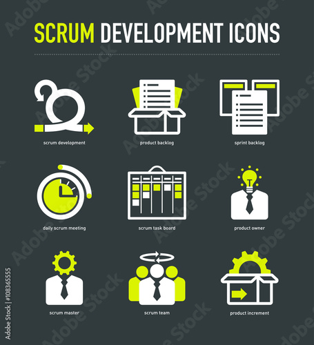 Scrum development methodology icons on dark grey background