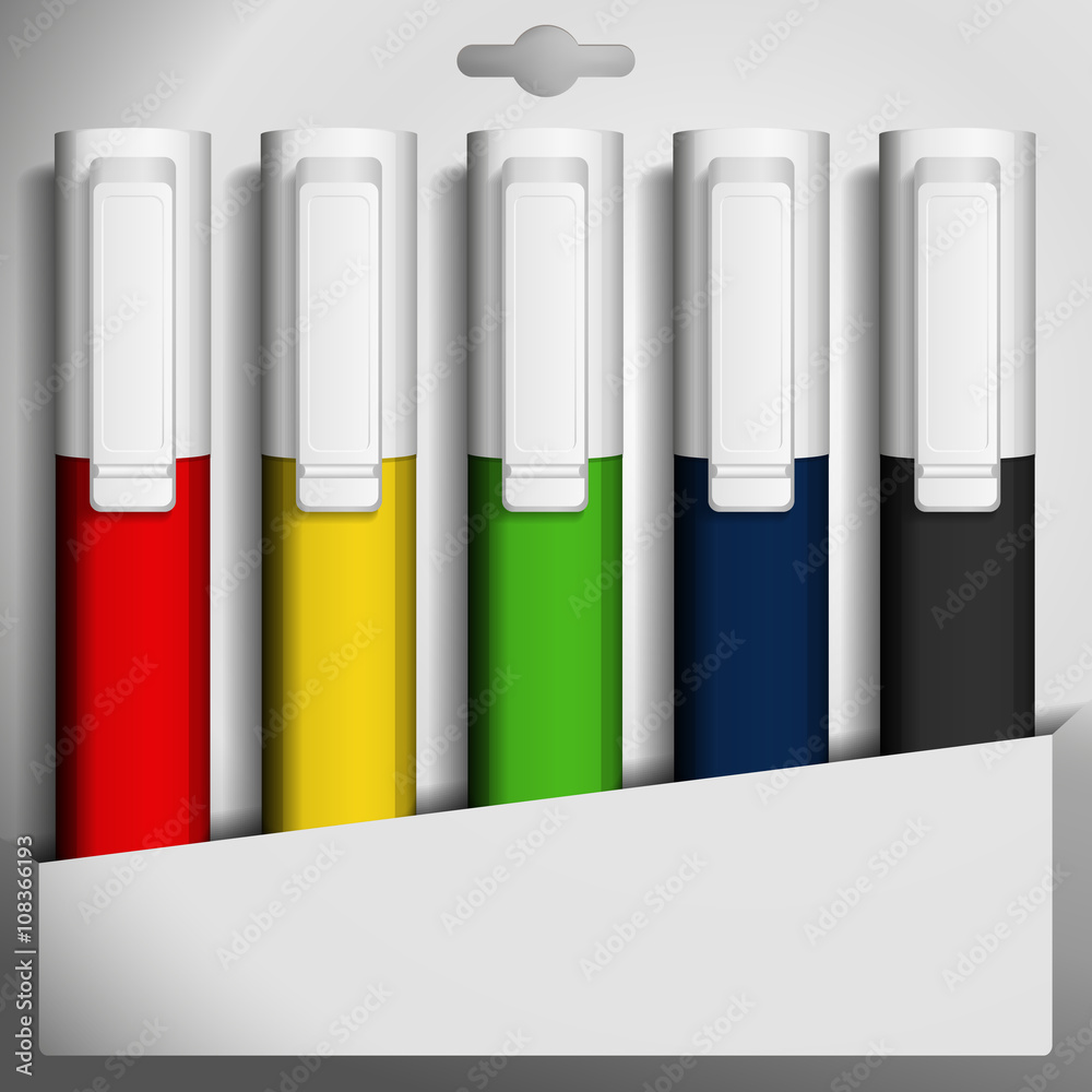 Obraz premium Vector illustration of five colored felt pens in a box.